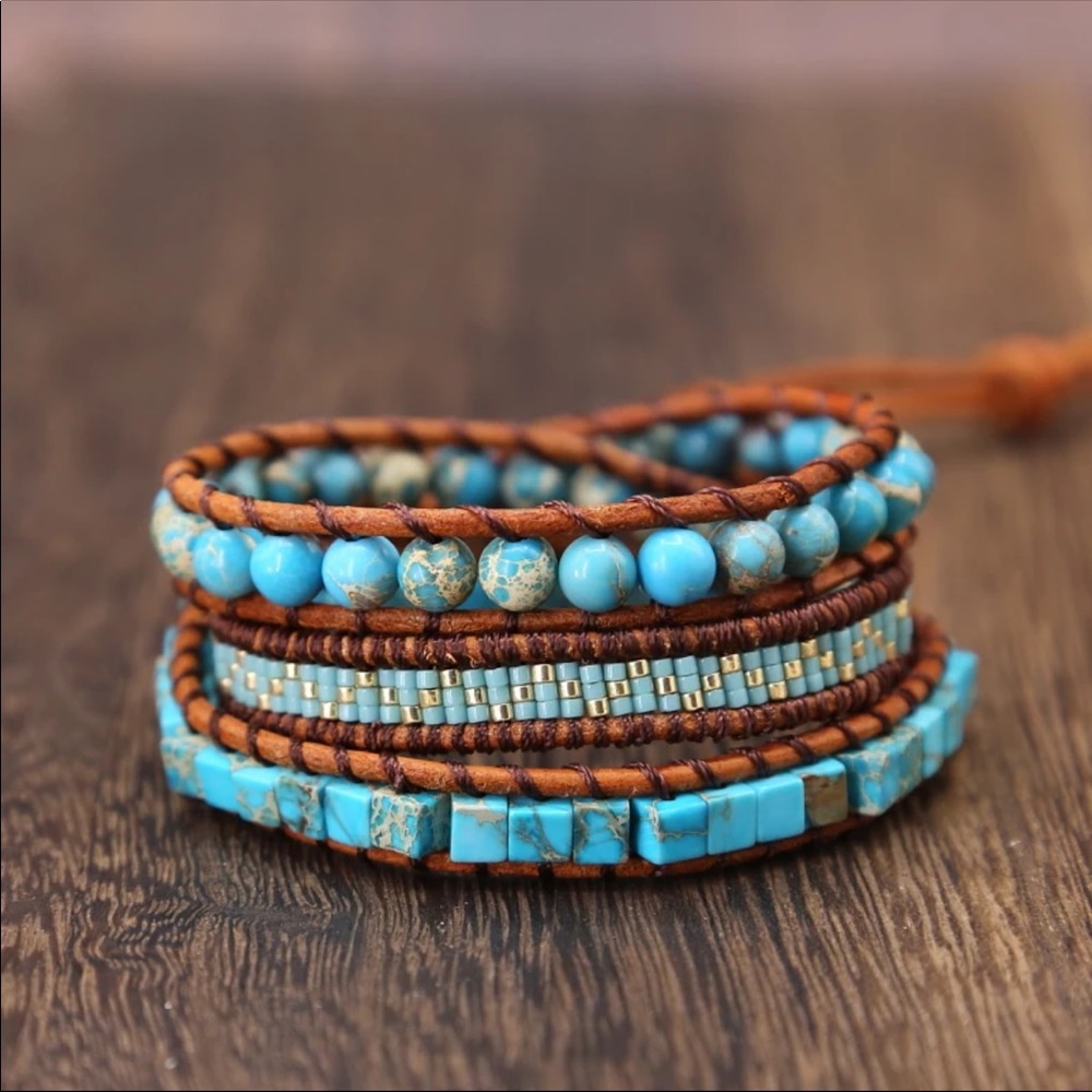 NEW! 𤩠Turquoise Handmade Leather Wrap Bracelet - Picture 1 of 4